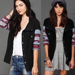 Free People Baja Stripe Sleeve Jacket Size XS Black Denim Bohemian Boho‎ Coat